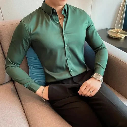 Green Satin Men Regular Fit Solid Button Down Formal Shirt