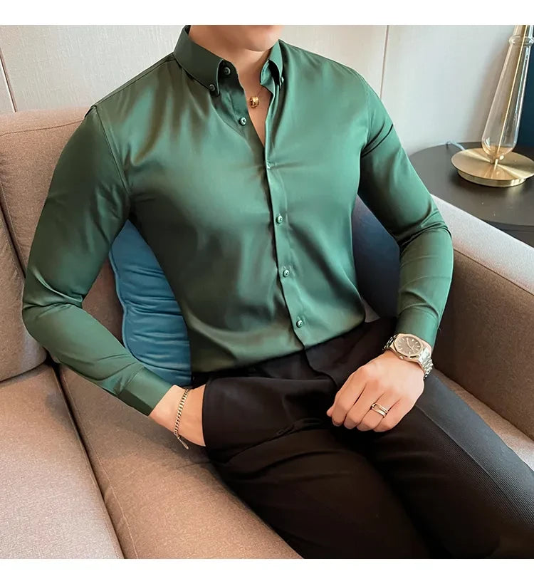 Green Satin Men Regular Fit Solid Button Down Formal Shirt