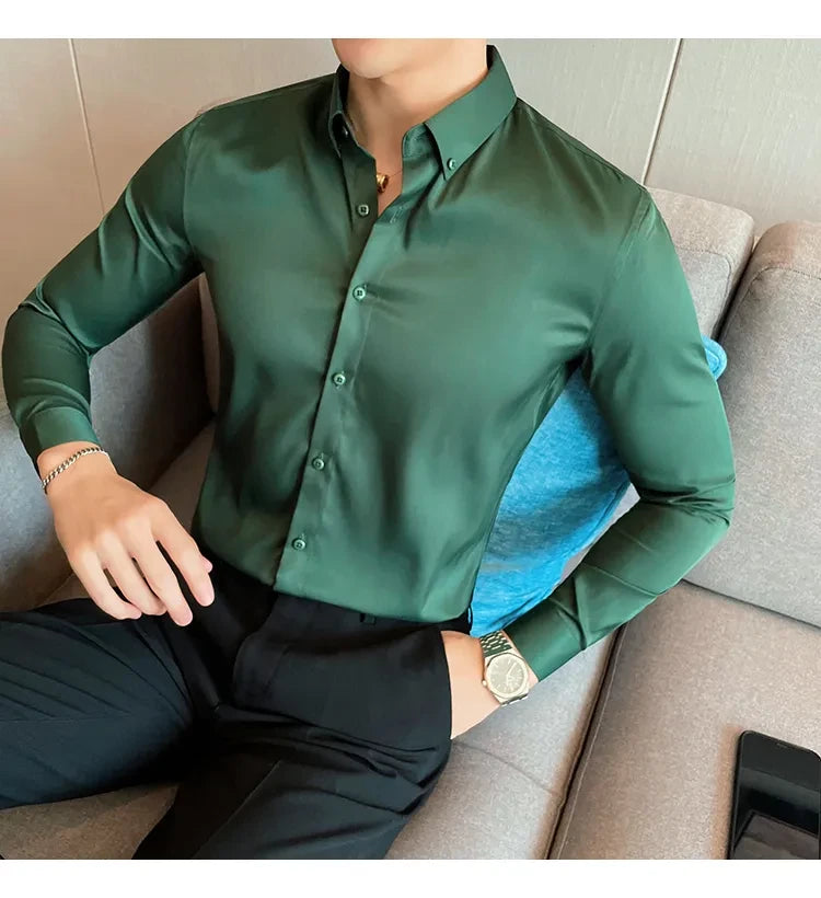 Green Satin Men Regular Fit Solid Button Down Formal Shirt