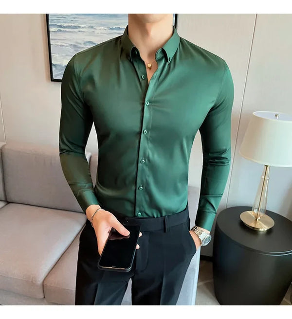 Green Satin Men Regular Fit Solid Button Down Formal Shirt