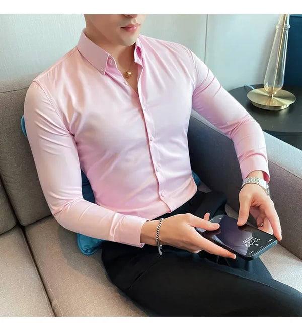 Men Regular Fit Solid Button Down Light Pink Satin Formal Shirt