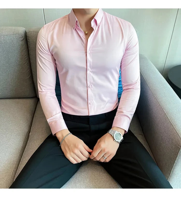 Men Regular Fit Solid Button Down Light Pink Satin Formal Shirt