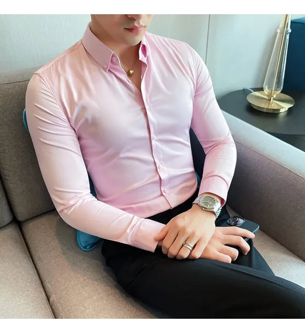 Men Regular Fit Solid Button Down Light Pink Satin Formal Shirt