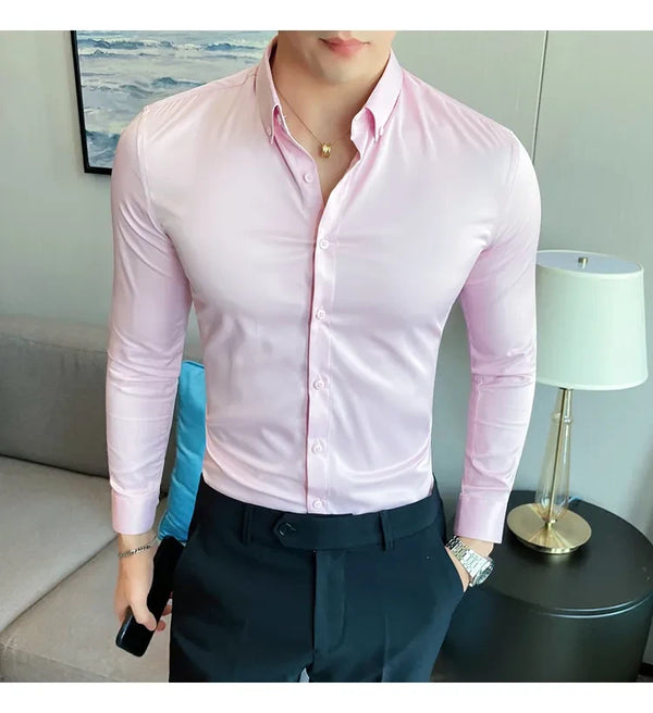 Men Regular Fit Solid Button Down Light Pink Satin Formal Shirt