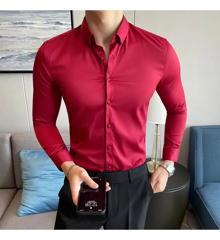 Maroon  Satin Men Regular Fit Solid Button Down Formal Shirt