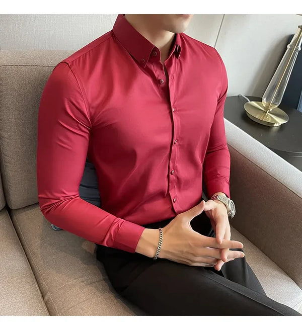 Maroon  Satin Men Regular Fit Solid Button Down Formal Shirt