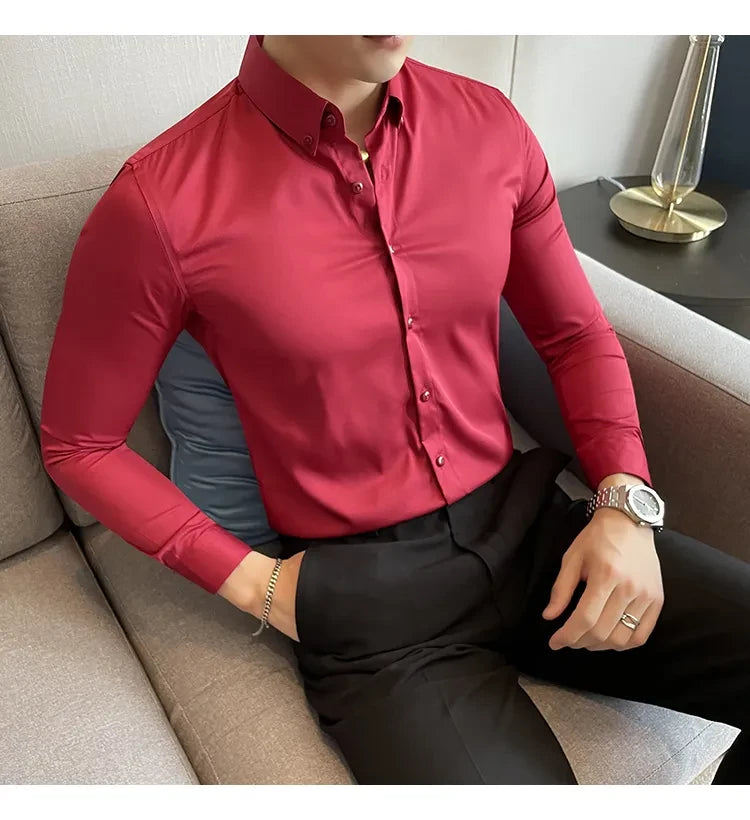 Maroon  Satin Men Regular Fit Solid Button Down Formal Shirt