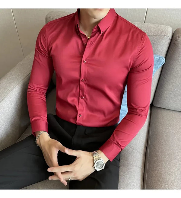 Maroon  Satin Men Regular Fit Solid Button Down Formal Shirt