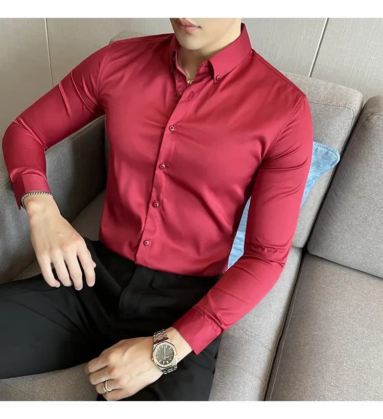 Maroon  Satin Men Regular Fit Solid Button Down Formal Shirt