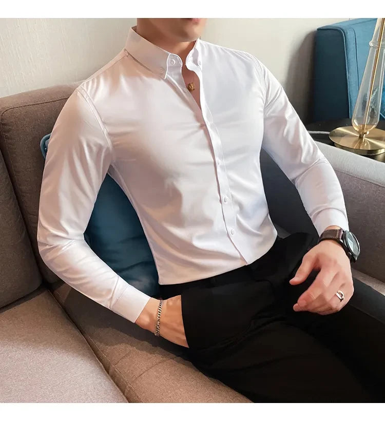 Men Regular Fit Solid Button Down White  Satin Formal Shirt