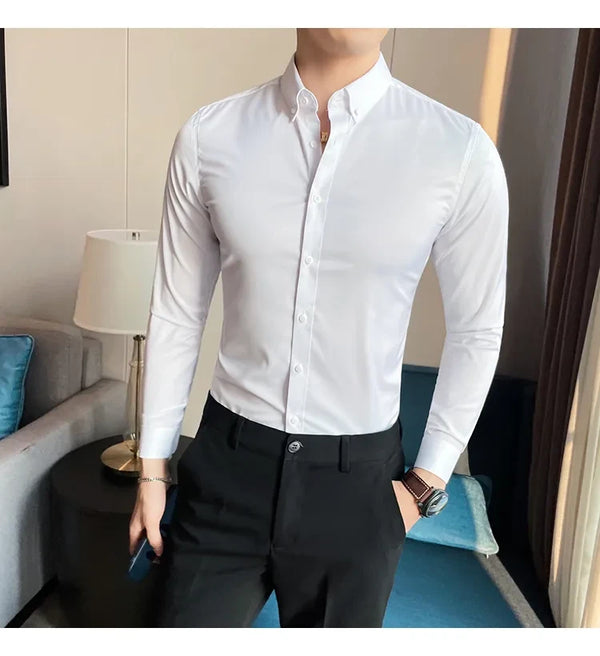 Men Regular Fit Solid Button Down White  Satin Formal Shirt