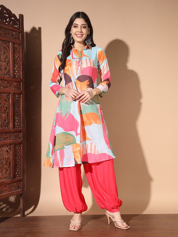 Multi Colour Digital Print Casual Kurta With Patiyala Set