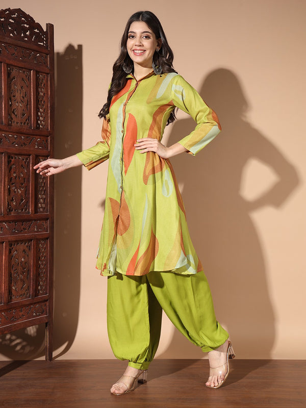 Green Colour Digital Print Casual Kurta With Patiyala Set