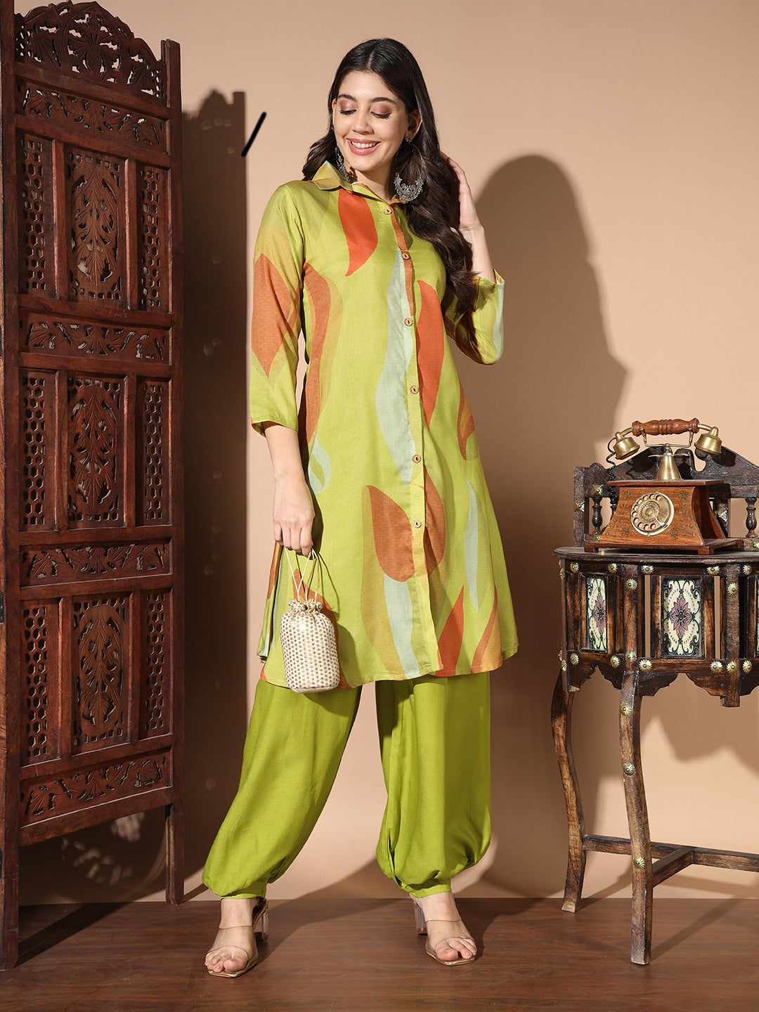 Green Colour Digital Print Casual Kurta With Patiyala Set