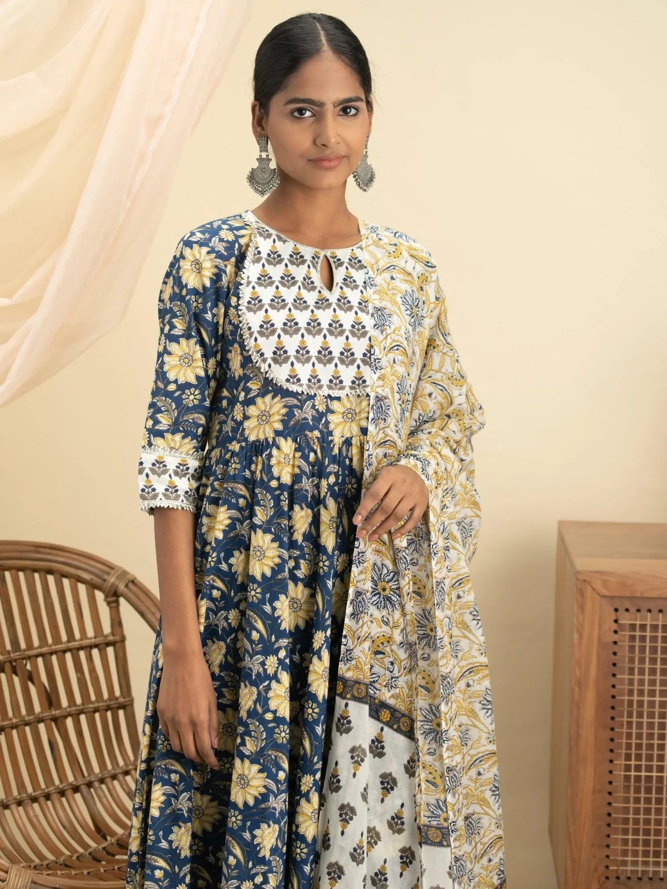 Blue Printed Cotton Anarkali Kurta With Palazzos and Dupatta