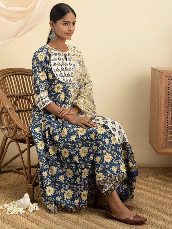 Blue Printed Cotton Anarkali Kurta With Palazzos and Dupatta