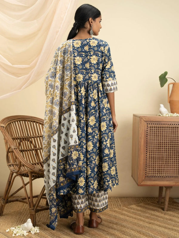 Blue Printed Cotton Anarkali Kurta With Palazzos and Dupatta