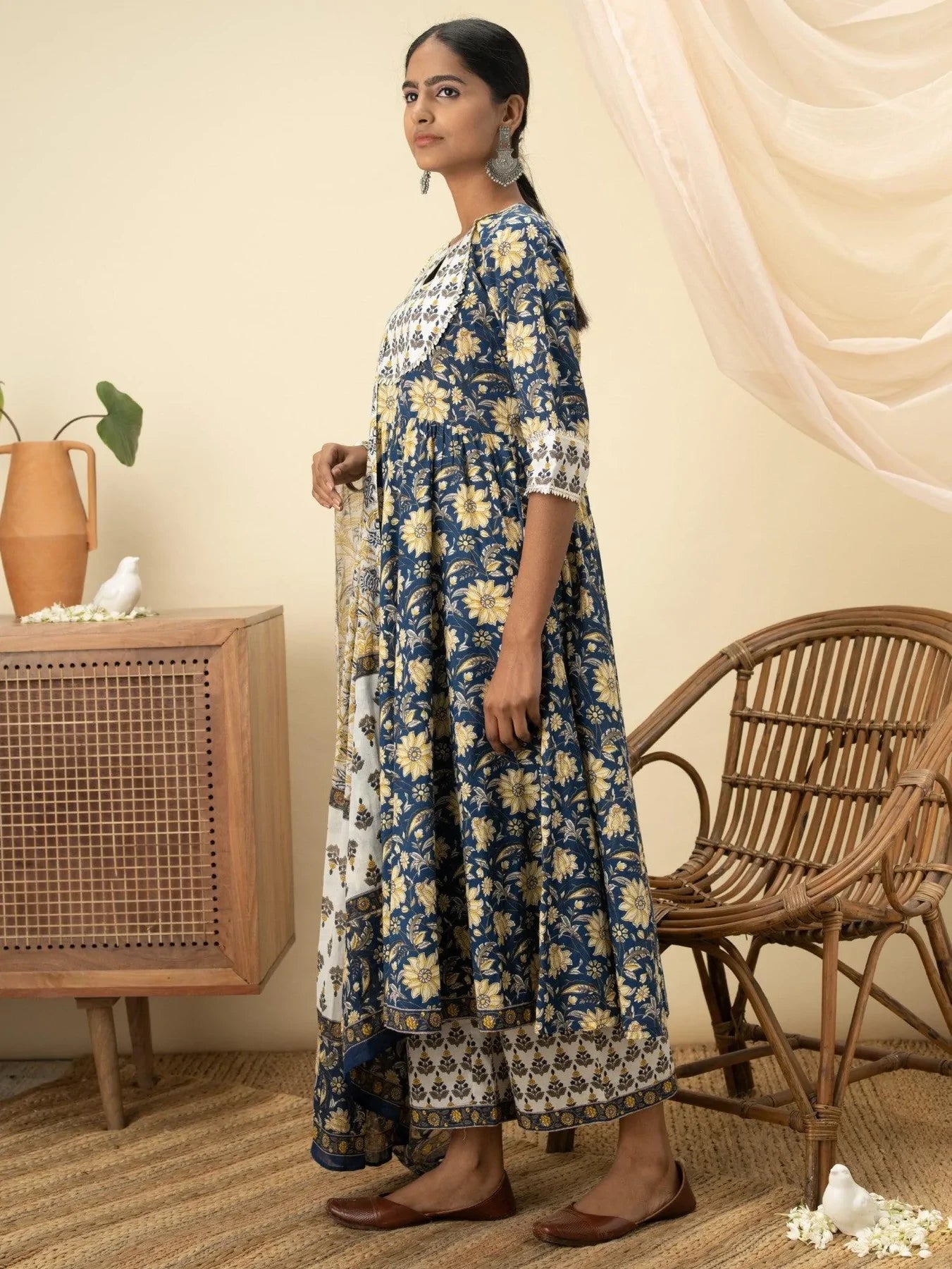 Blue Printed Cotton Anarkali Kurta With Palazzos and Dupatta