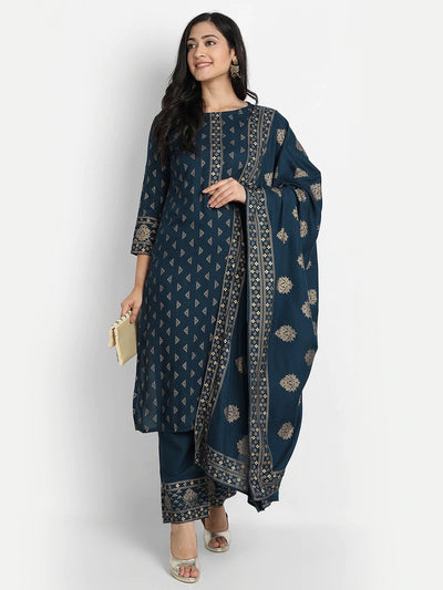 Ethnic Straight Kurti Pant with Printed Dupatta Set