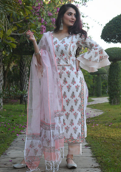 Block Printed Bell Sleeve Kurta And Pant Set With Printed Dupatta