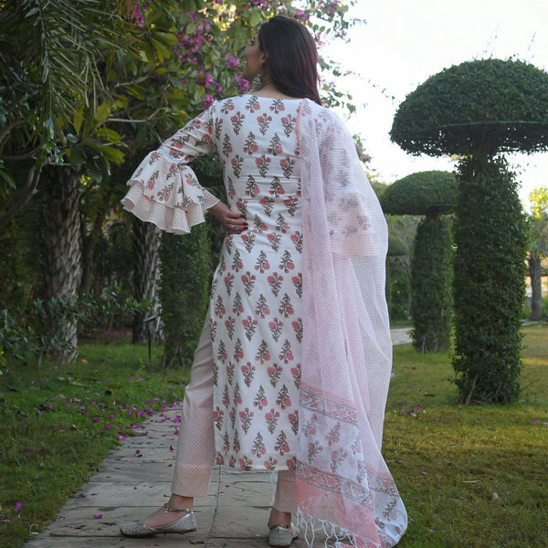 Block Printed Bell Sleeve Kurta And Pant Set With Printed Dupatta