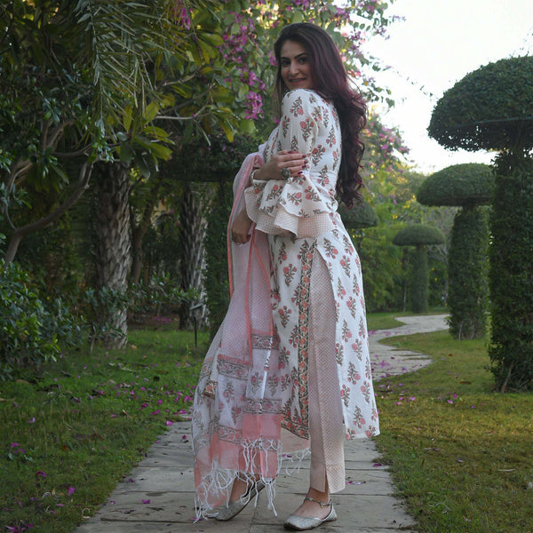 Block Printed Bell Sleeve Kurta And Pant Set With Printed Dupatta