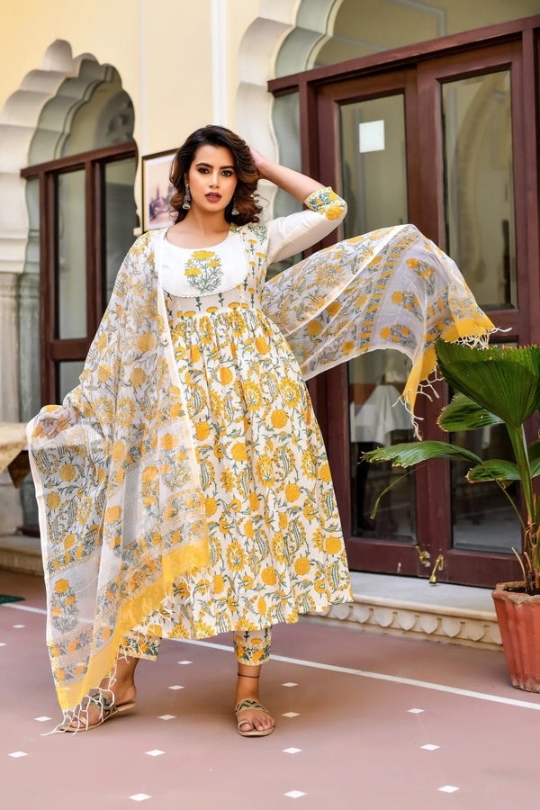 Anarkali Embroidered Printed Kurta Pant and Dupatta Set