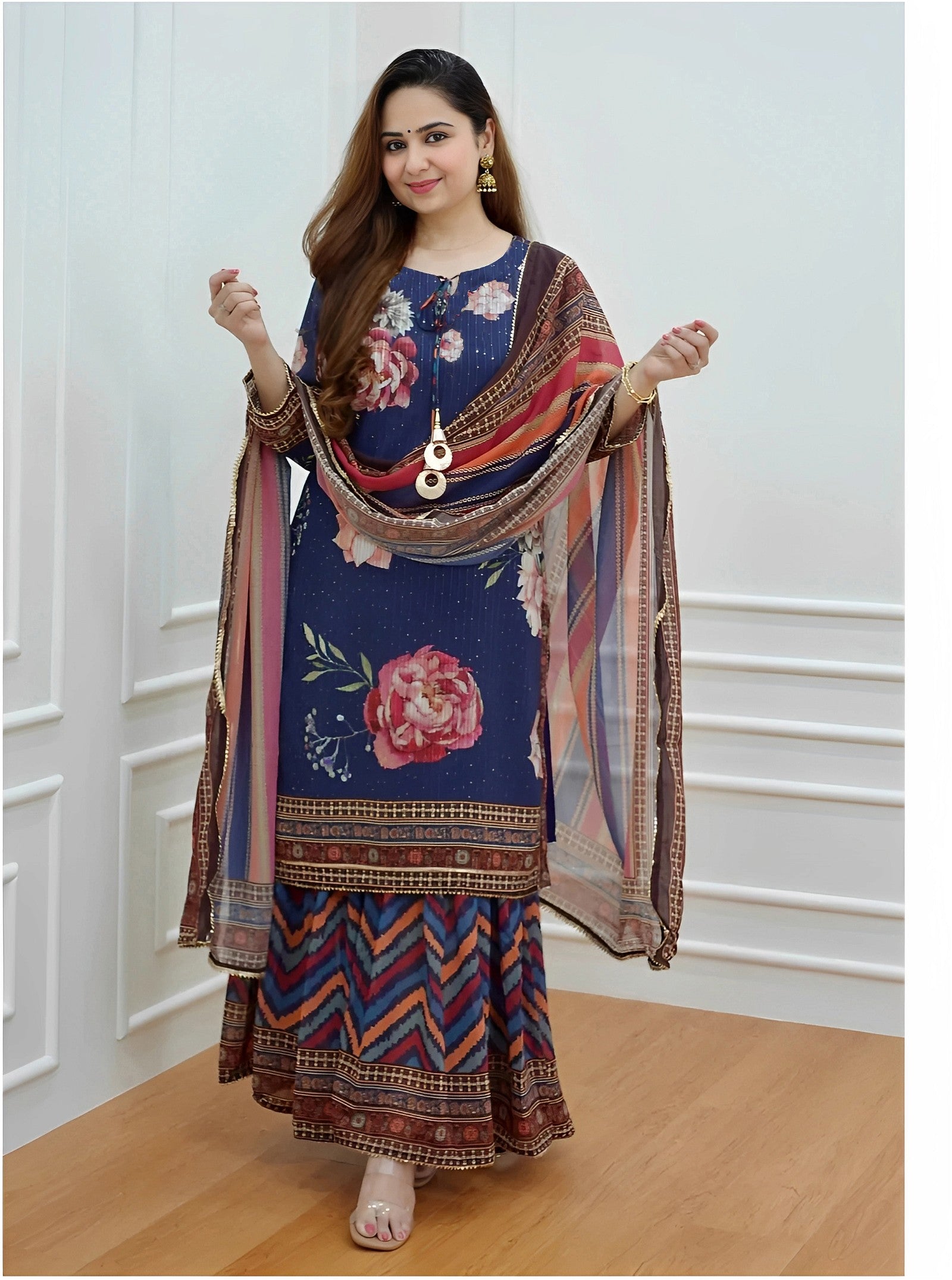 Printed Kurta and Sharara Set with Dupatta for Women