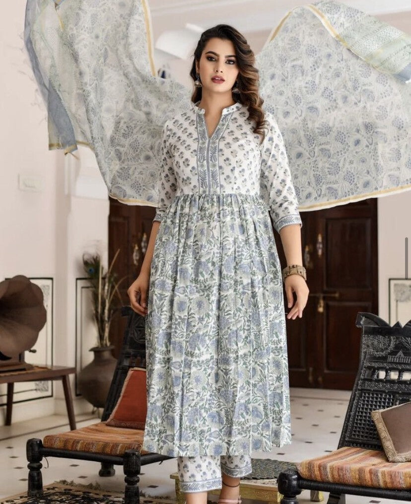 Block Printed Anarkali Kurta and Pant Set with Printed Dupatta for Women